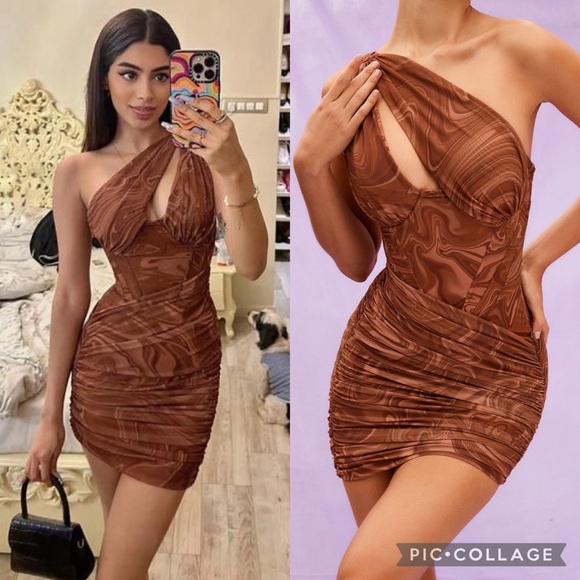 House Of CB Clementine Cutout Ruched Mini Dress Swirl Print Brown - Picture 1 of 6